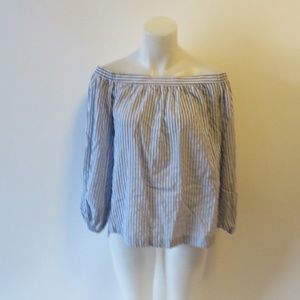 BCBG MAX AZRIA BLUE/WHT STRIPED OFF SHOULER TOP XS